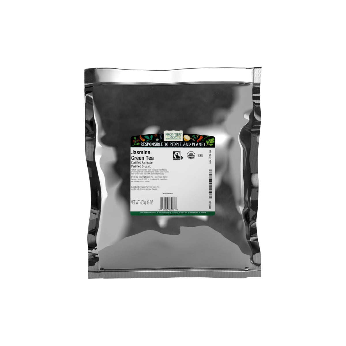 Frontier Co-op Jasmine Green Tea loose leaves release floral aroma and flavor.