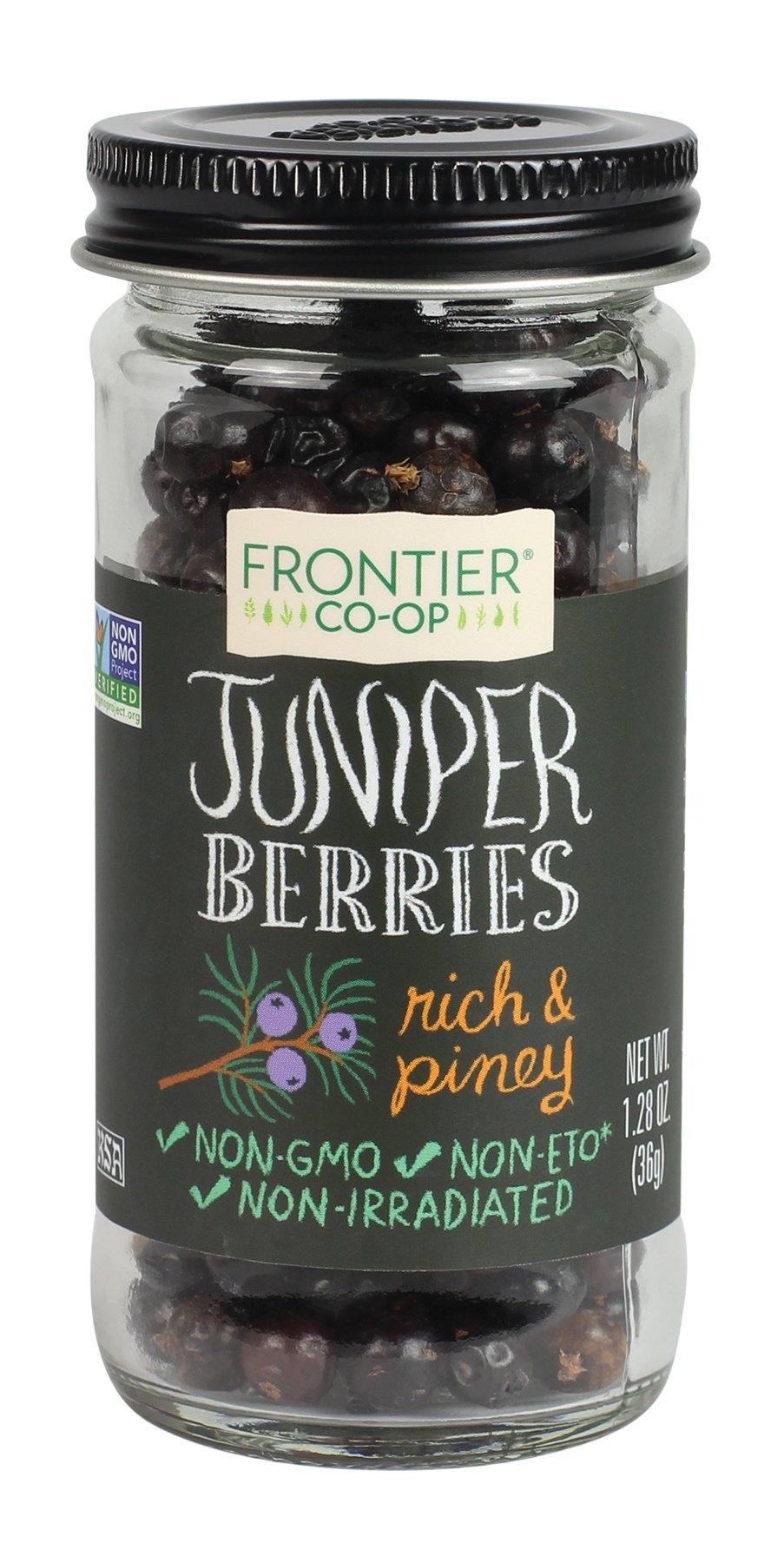 Frontier Co-op juniper berries bottle front showcases piney aroma for soups and marinades.