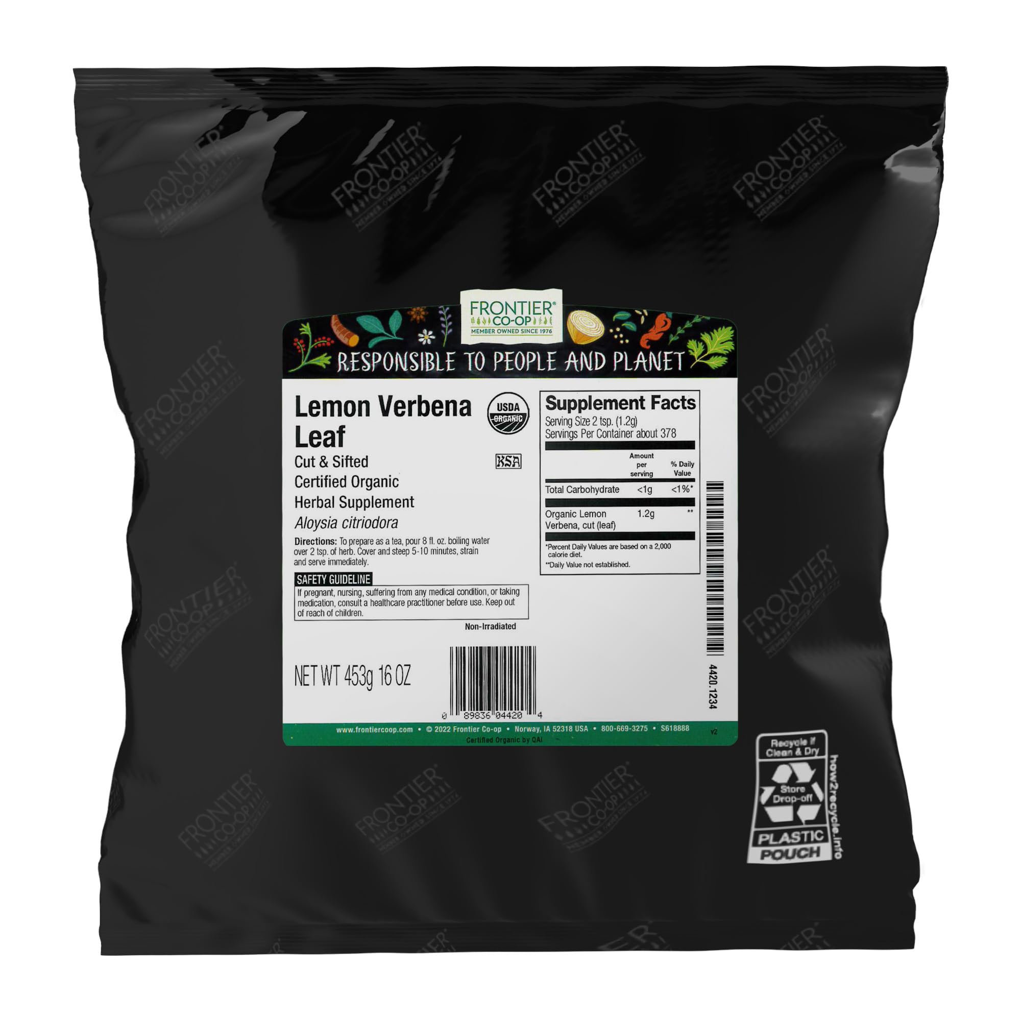 Frontier Co-op Lemon Verbena leaf loose bag shows crisp dried leaves for tea and cooking.
