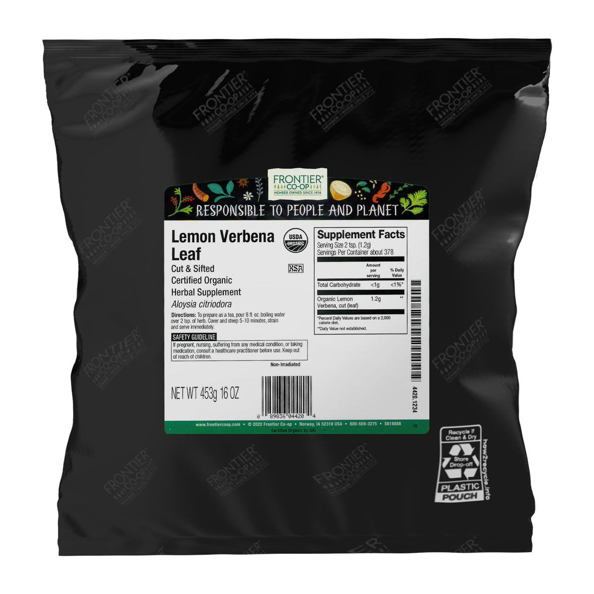 Frontier Co-op Lemon Verbena leaf loose bag shows crisp dried leaves for tea and cooking.