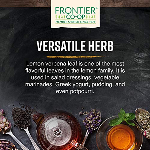 Frontier Co-op Lemon Verbena leaf tea brew setup highlights fragrant infusion for refreshing cups.
