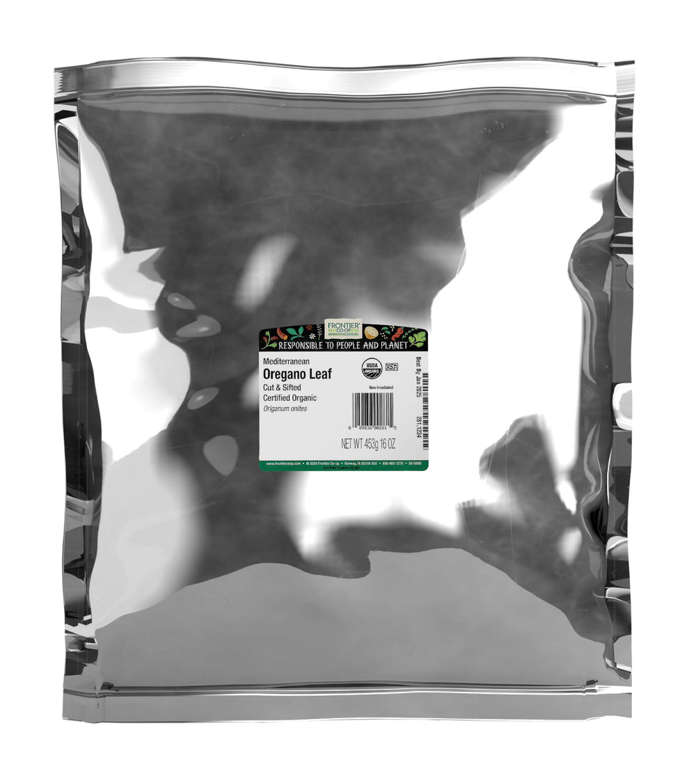 Frontier Co-op Mediterranean Oregano in a 16oz bulk bag, vibrant leaves ready to season.