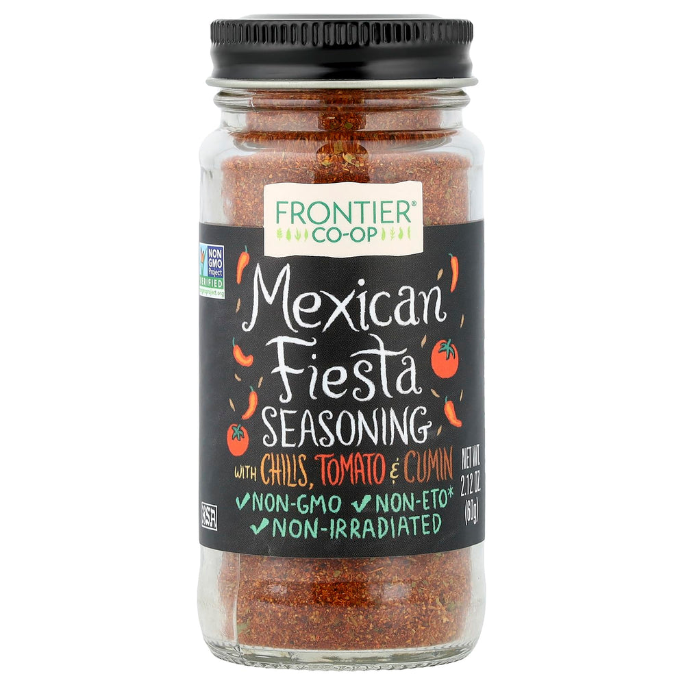Frontier Co-op Mexican Fiesta Seasoning jar highlights bold, salt-free flavor for tacos and enchiladas.