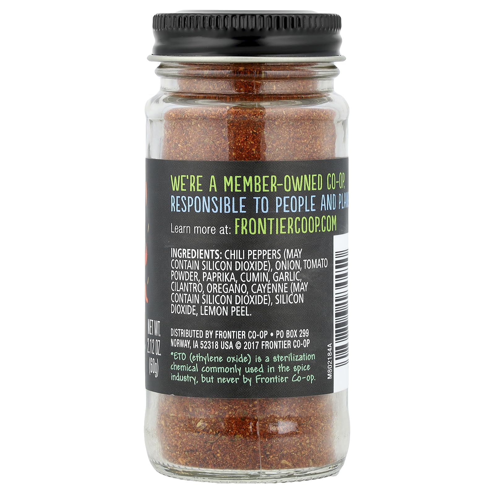 Frontier Co-op Mexican Fiesta Seasoning label-closeup emphasizes citrusy lemon and cilantro finish.
