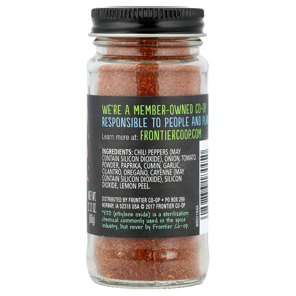 Frontier Co-op Mexican Fiesta Seasoning label-closeup emphasizes citrusy lemon and cilantro finish.