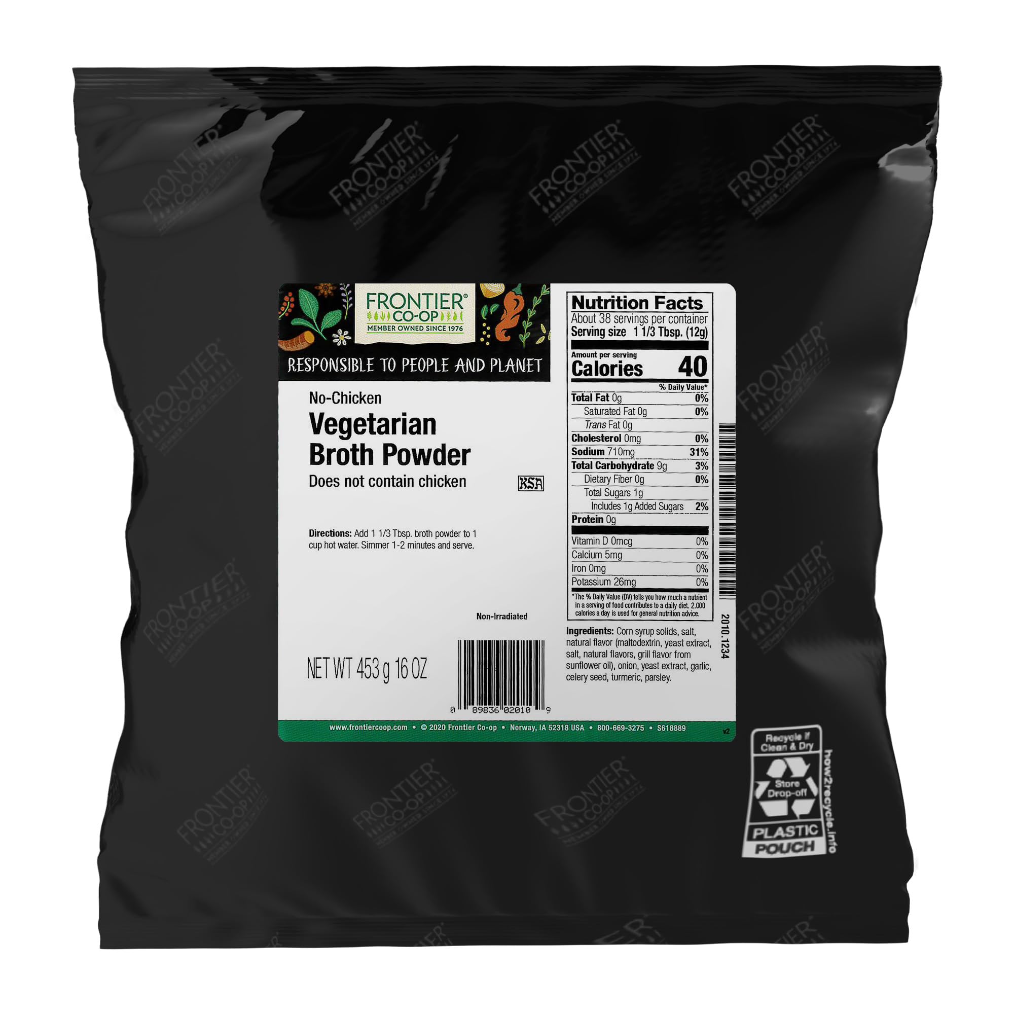 Frontier Co-op No-Chicken broth powder bulk bag showing vegan broth option for soups.