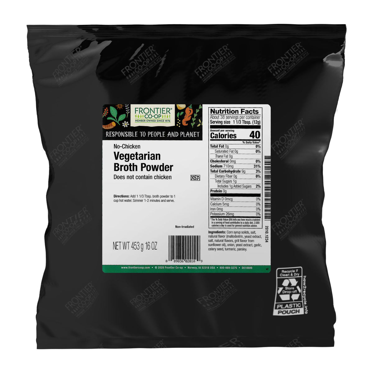Frontier Co-op No-Chicken broth powder bulk bag showing vegan broth option for soups.