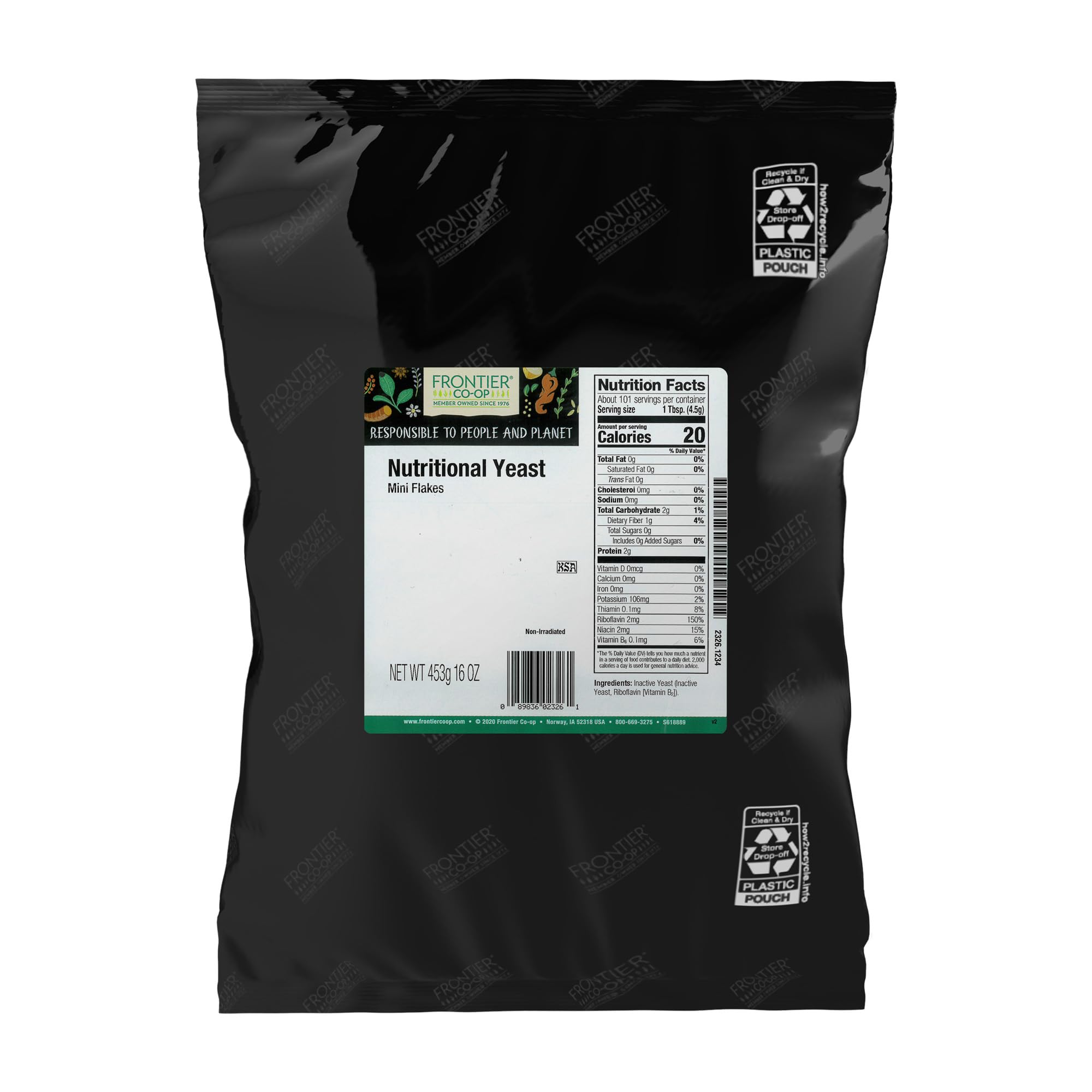 Frontier Co-op Nutritional Yeast mini flakes bulk bag adds savory, dairy-free flavor to meals.