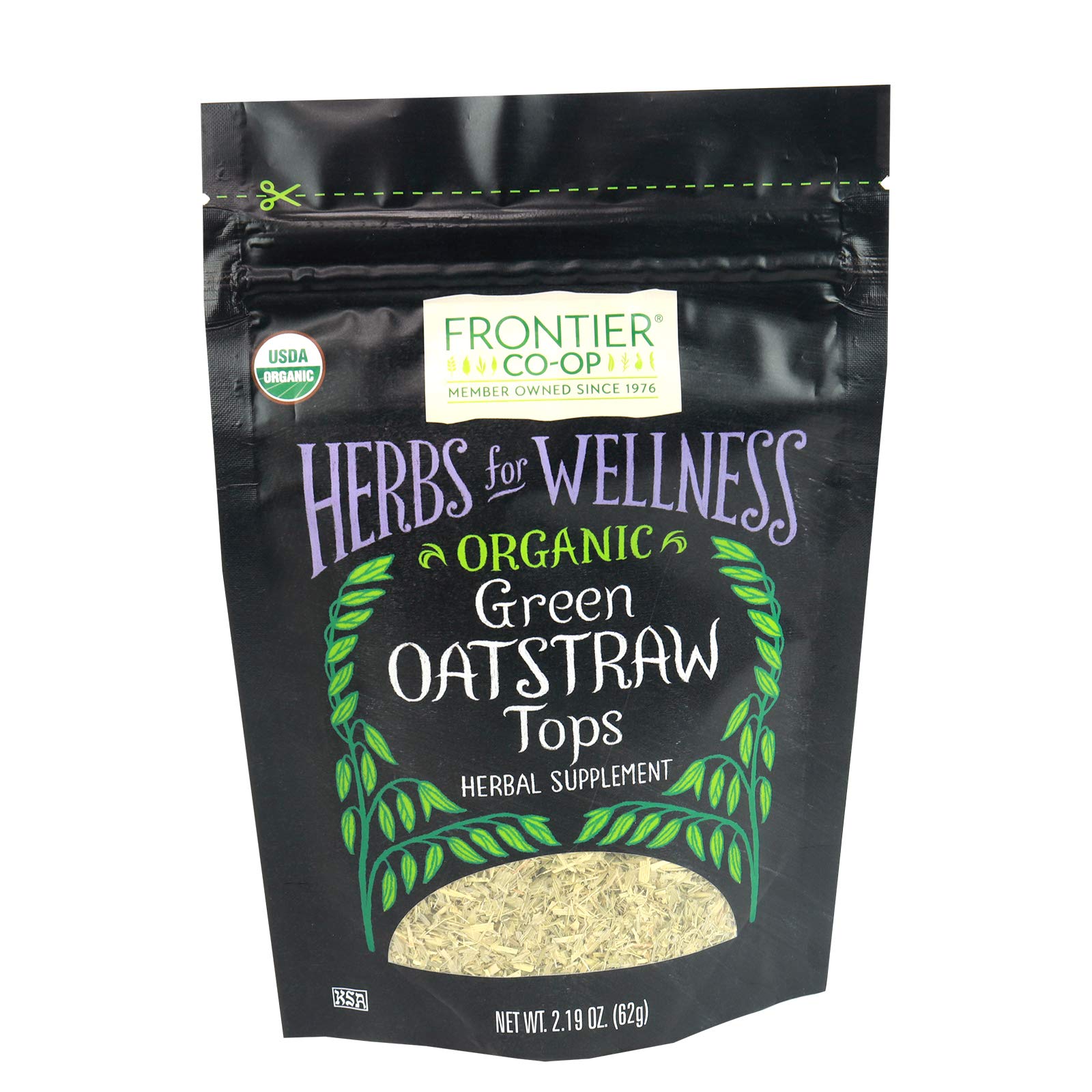 Frontier Co-op oatstraw green tops in a resealable bag for freshness