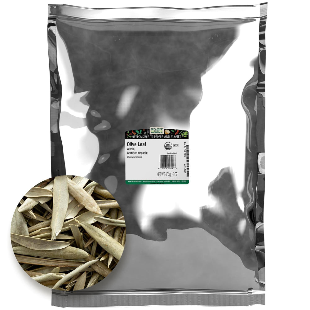 Frontier Co-op Organic Olive Leaf bulk bag offers all-natural dried leaves for tea and baking.