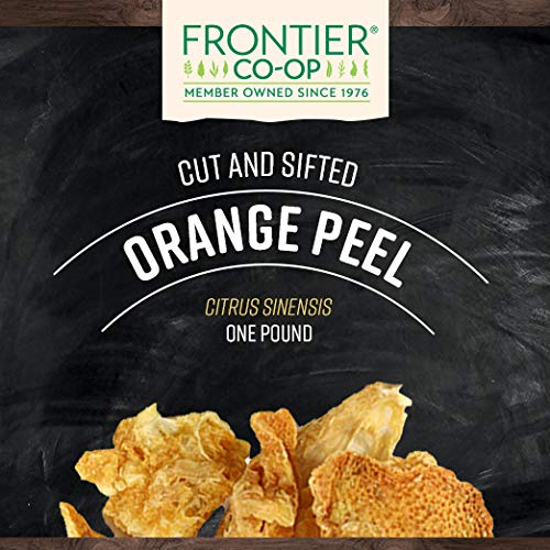 Frontier Co-op orange peel in bulk bag showing US-sourced citrus.
