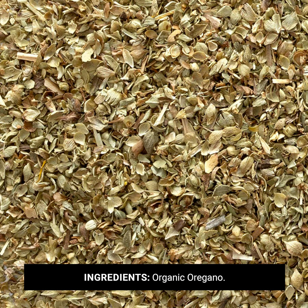 Frontier Co-op Oregano on display; dried herb adds color to spice rack.