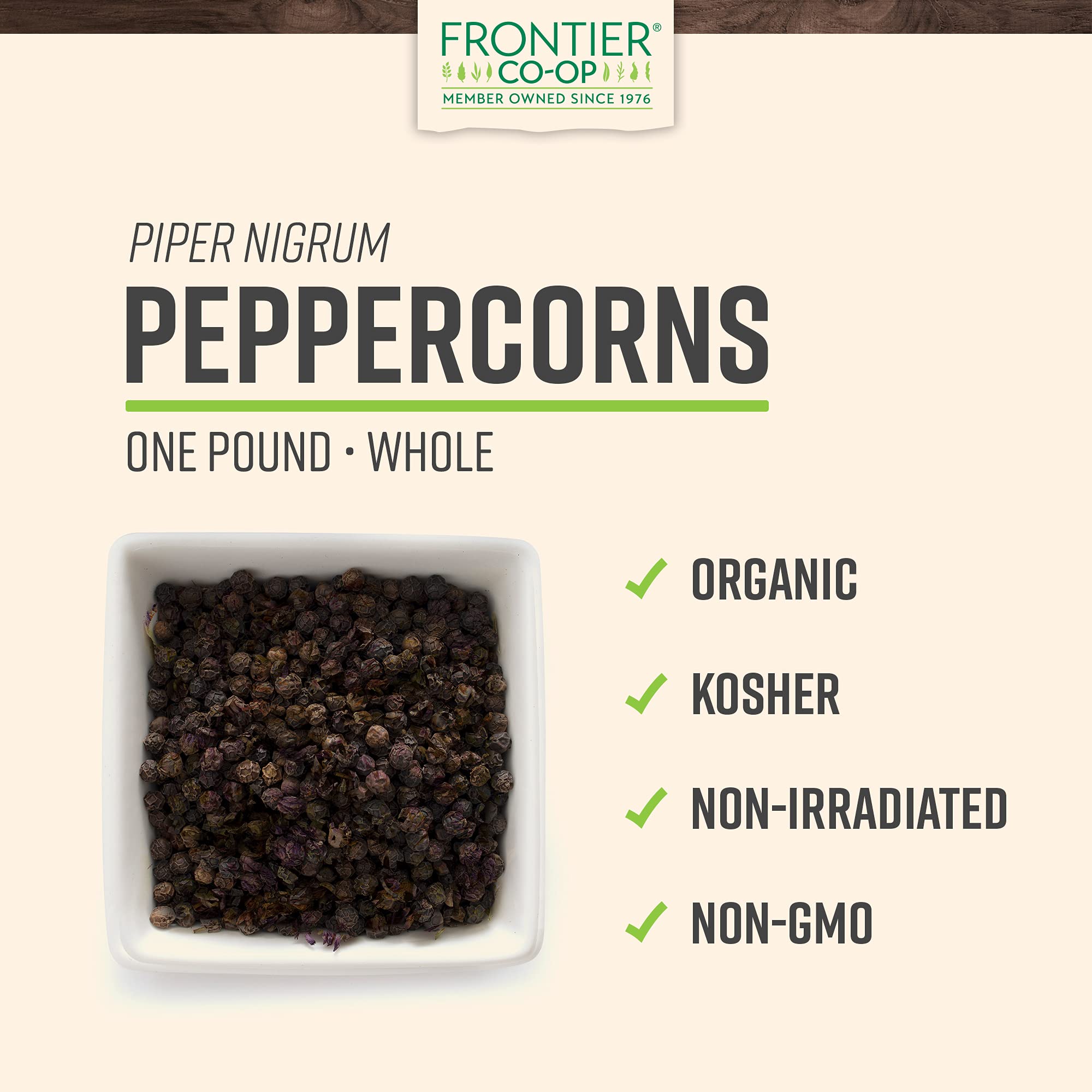 Frontier Co-op organic peppercorns from India, close-up, premium quality