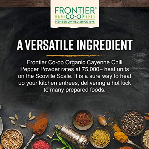 Frontier Co-op Organic Cayenne Pepper Powder packaging on shelf signals organic quality.