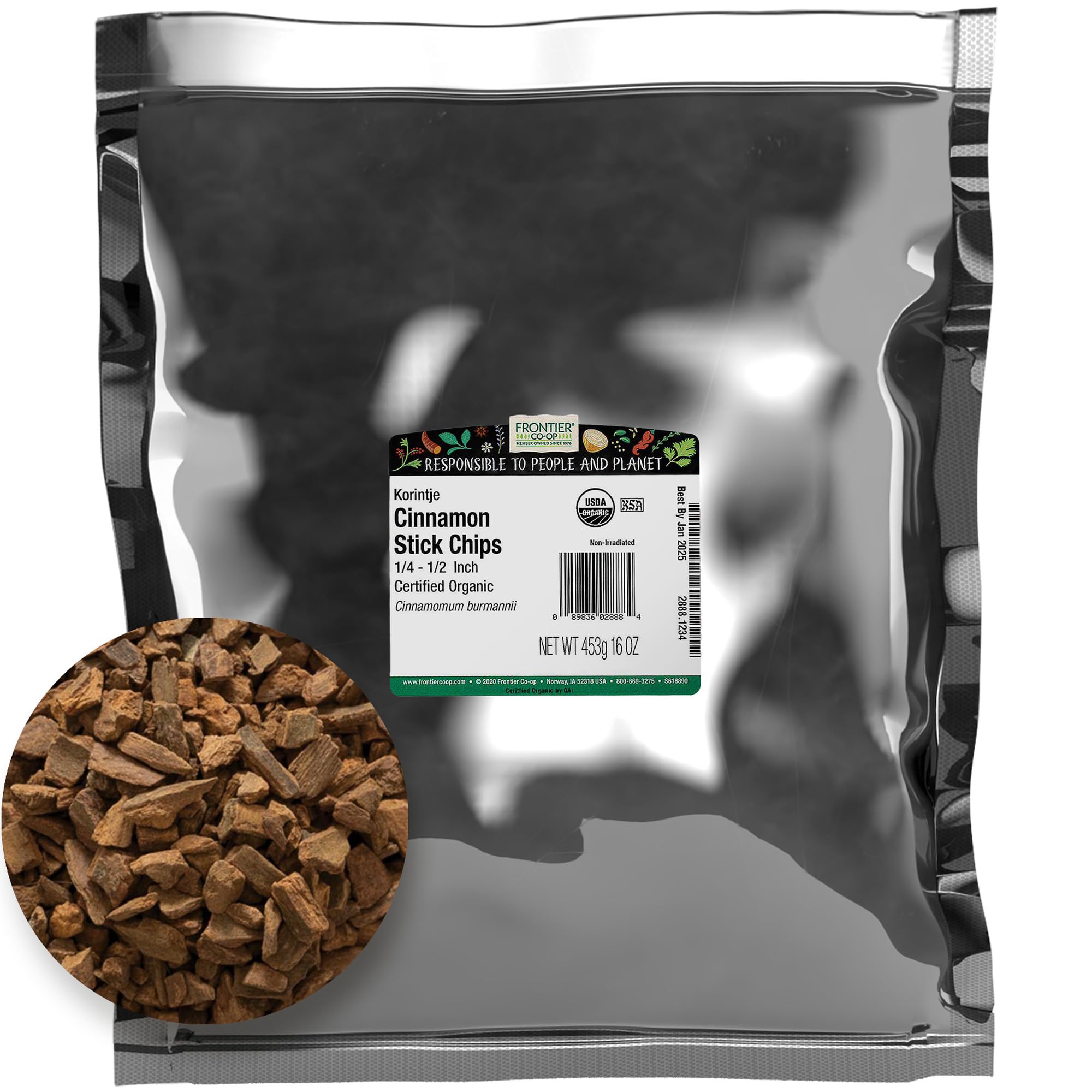 Frontier Co-op Organic Cinnamon Chips 1lb product shot highlighting bulk packaging.