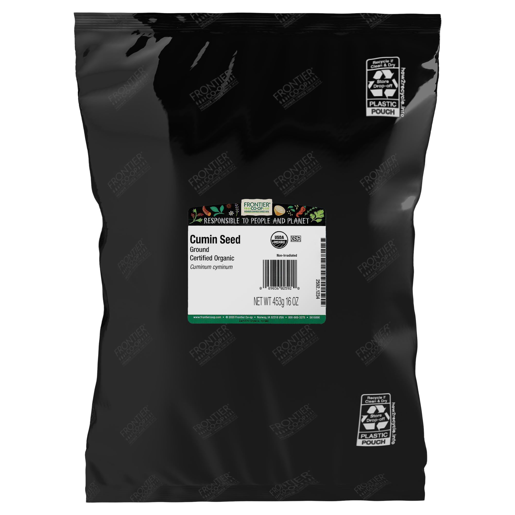 Frontier Co-op Organic Cumin Seed Powder in bulk bag adds rich, earthy flavor.
