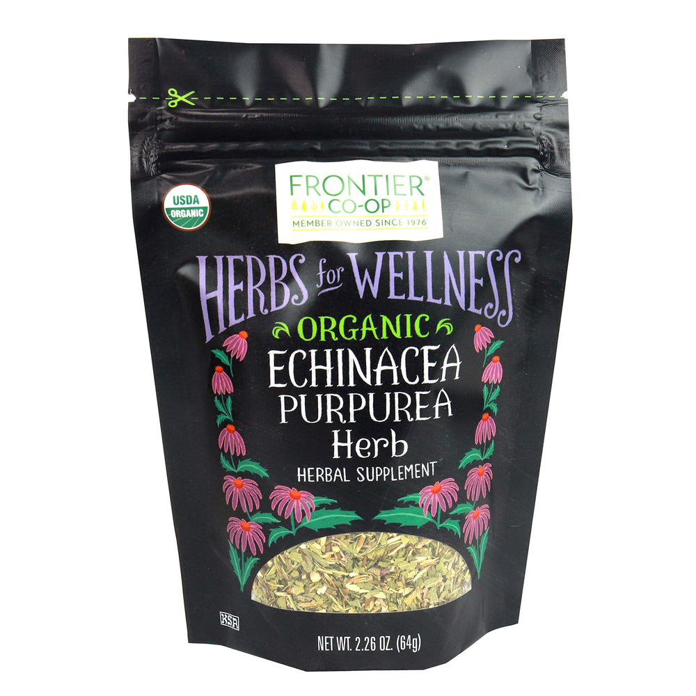 Frontier Co-op Organic Echinacea Purpurea herb in a resealable bag for fresh tea.