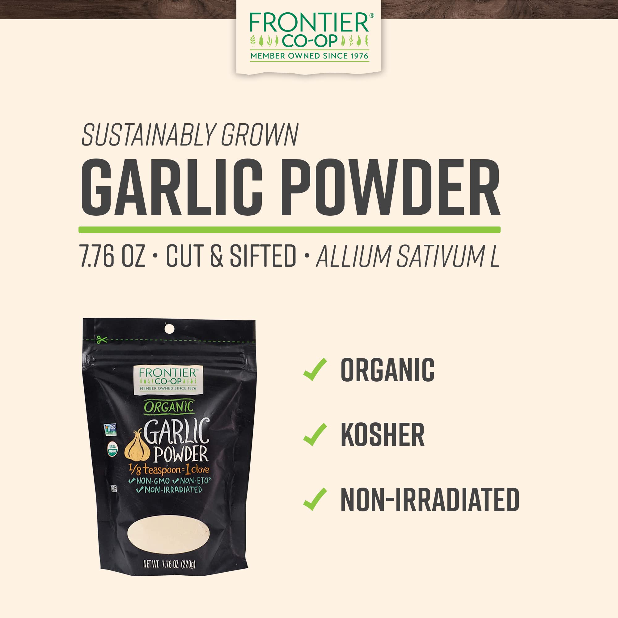 Frontier Organic Garlic Powder in resealable bag preserves freshness