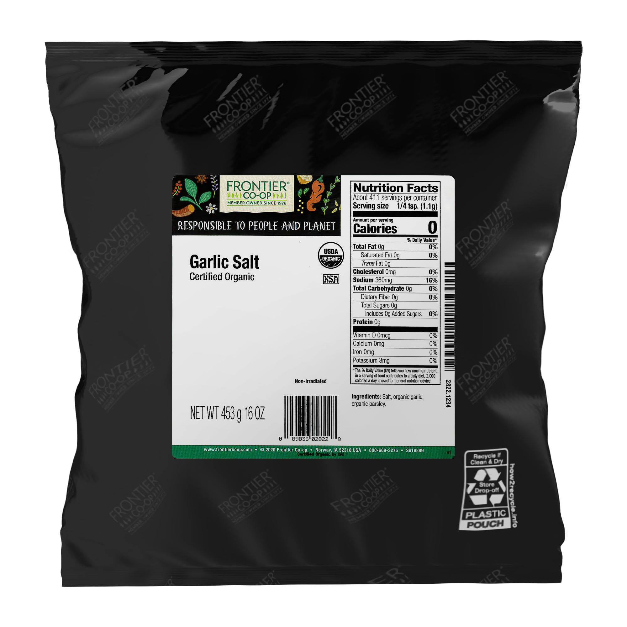 Frontier Co-op organic garlic salt with parsley, bulk jar, coarse grind ready for easy seasoning.