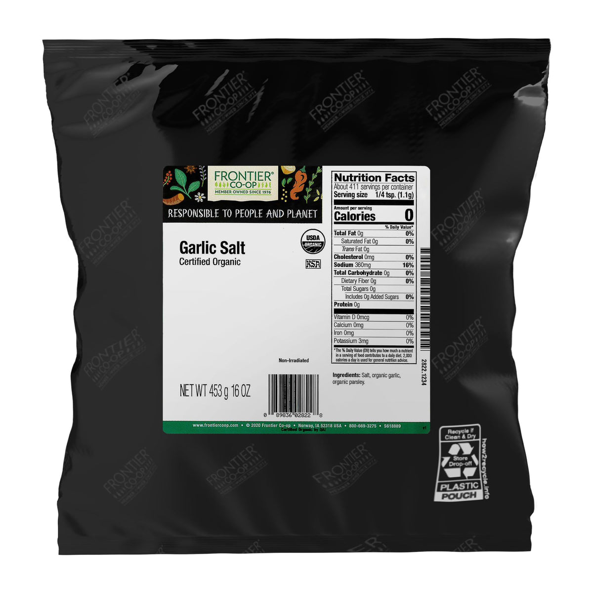Frontier Co-op organic garlic salt with parsley, bulk jar, coarse grind ready for easy seasoning.