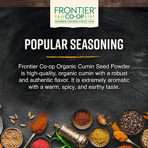 Frontier Co-op Organic Ground Cumin on a dry spice shelf with clear label
