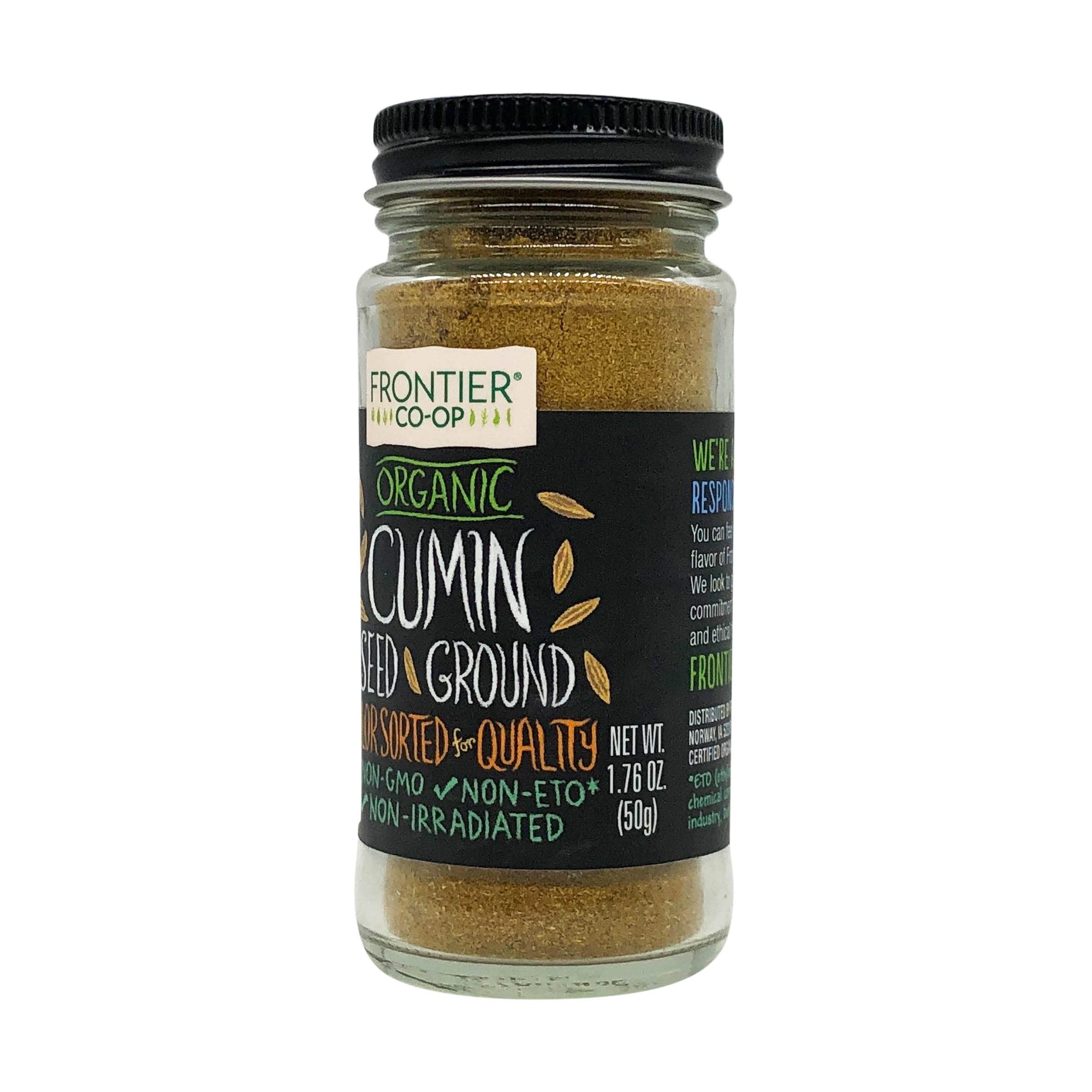Close-up of Frontier Co-op organic ground cumin powder showing warm brown color.