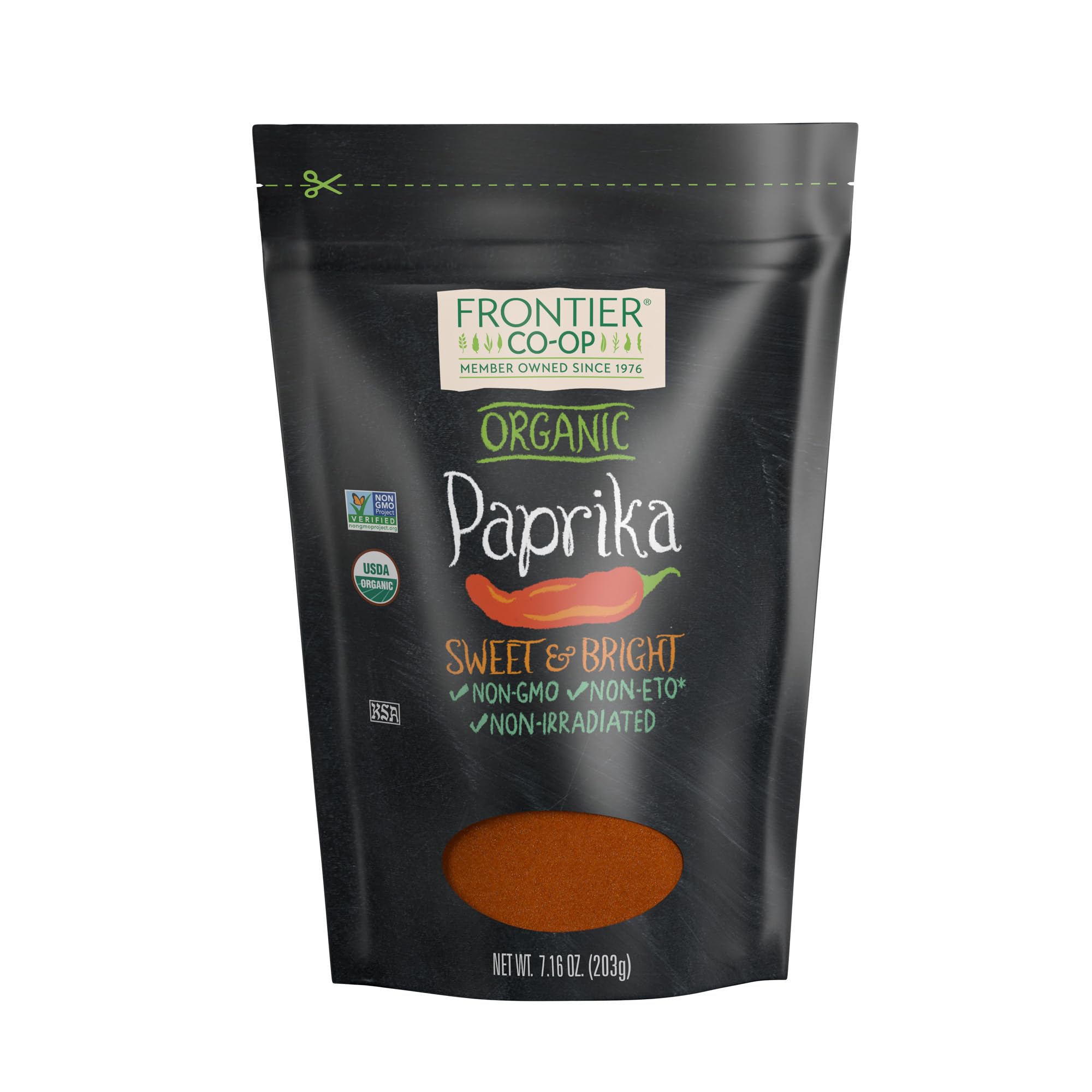 Frontier Co-op Organic Ground Paprika 7.16 oz bag in pantry, ready to use.