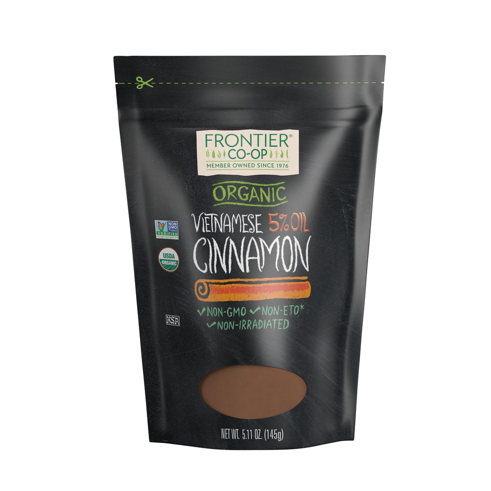 Frontier Co-op Organic Ground Vietnamese Cinnamon bottle shows rich aroma and versatility.