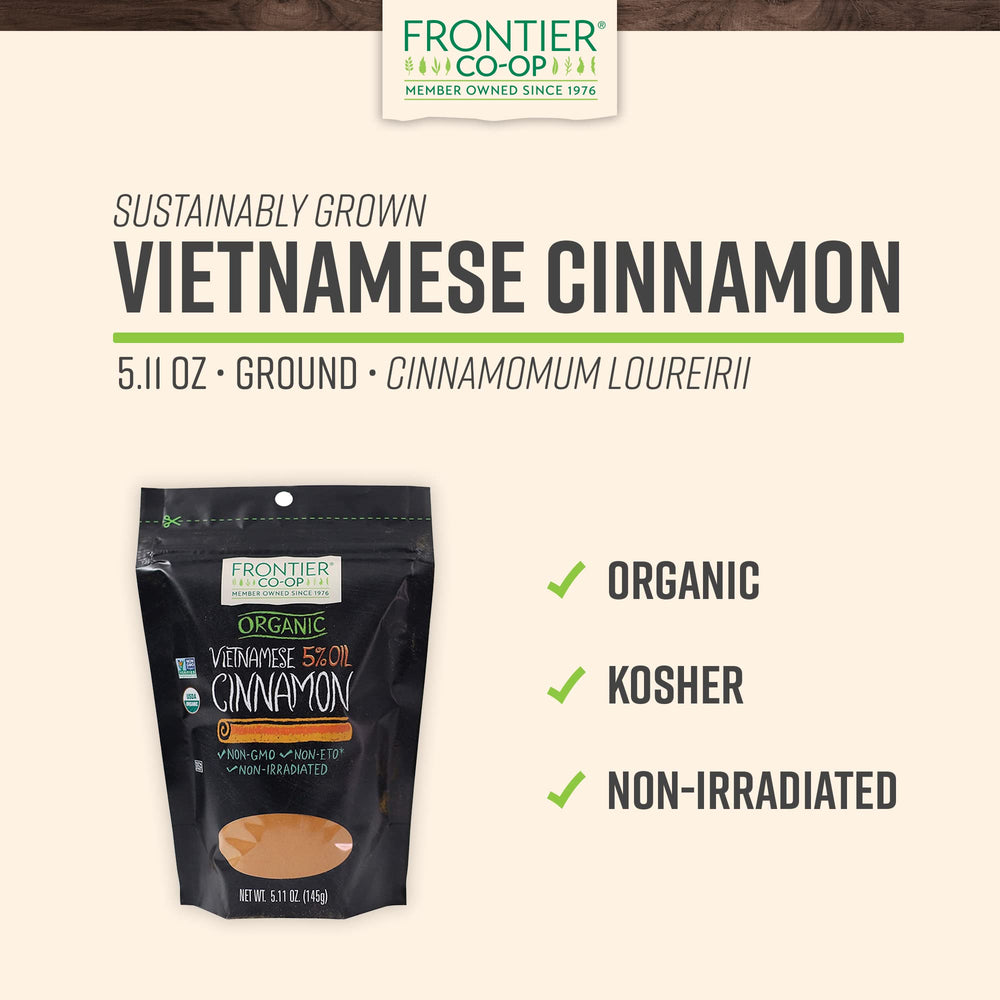 Frontier Co-op Organic Ground Vietnamese Cinnamon label close up highlighting purity and quality.