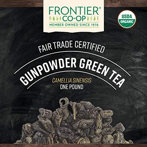 Frontier Co-op organic gunpowder green tea with tightly rolled leaves for robust brew.