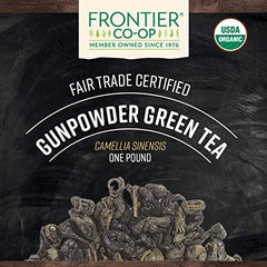 Frontier Co-op organic gunpowder green tea with tightly rolled leaves for robust brew.