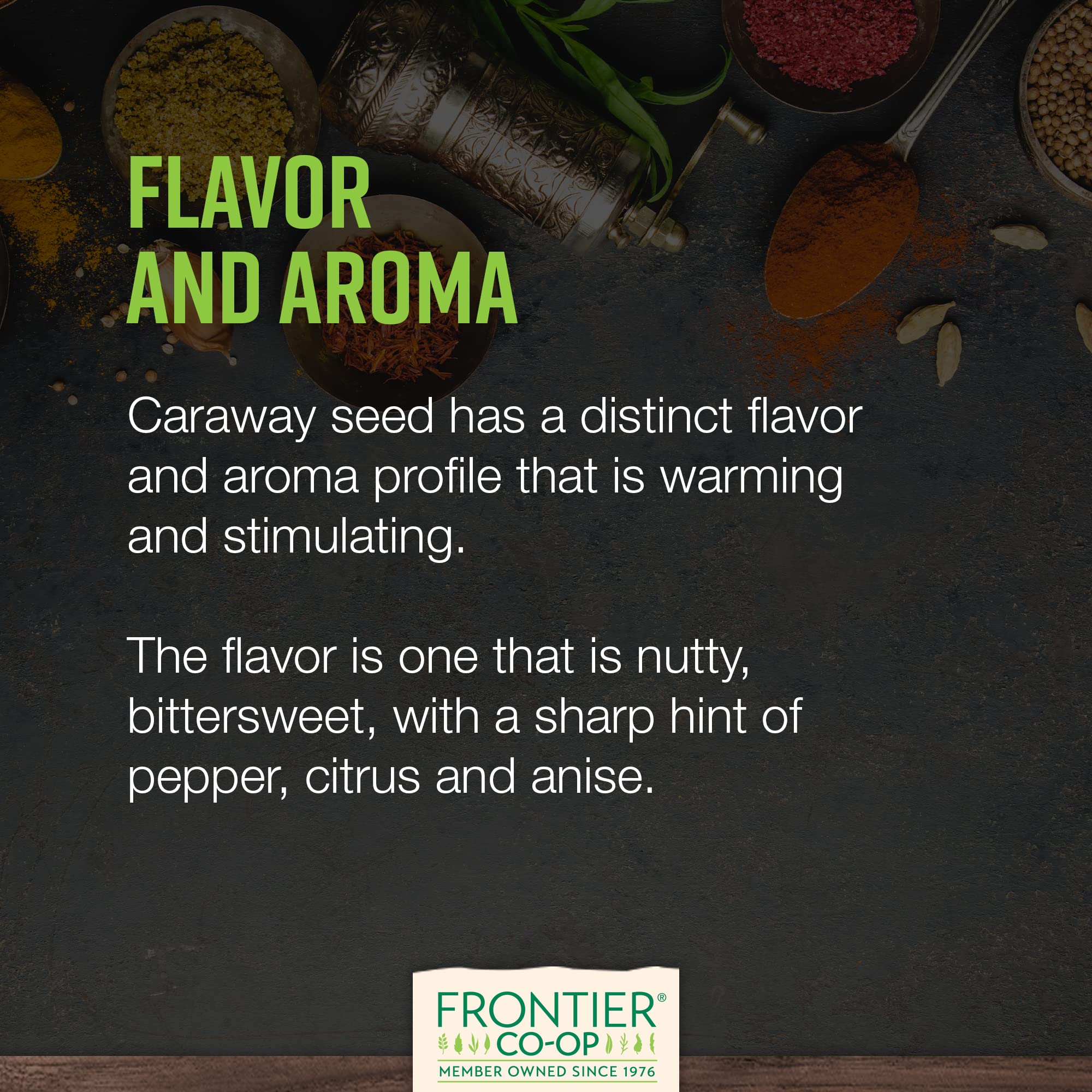 Frontier Co-op organic kosher label on caraway seed packaging.