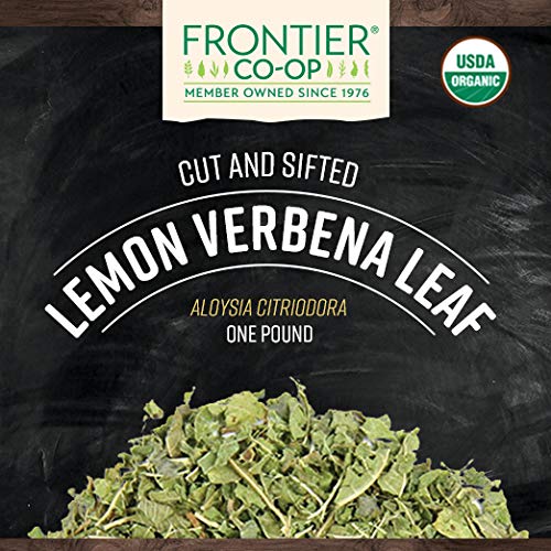 Frontier Co-op Organic Lemon Verbena leaf bulk label indicates organic, kosher quality.