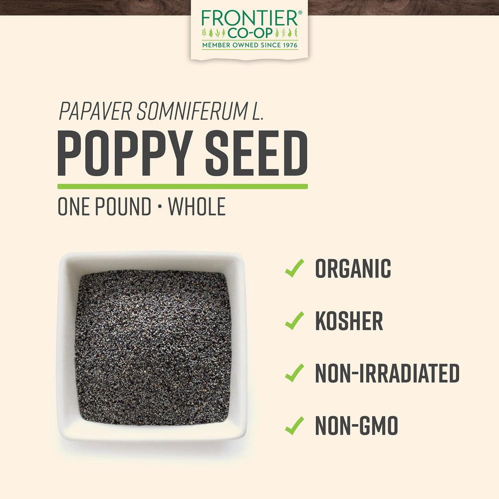 Frontier Co-op Organic Poppy Seeds offer rich nutty flavor for breads and dressings.