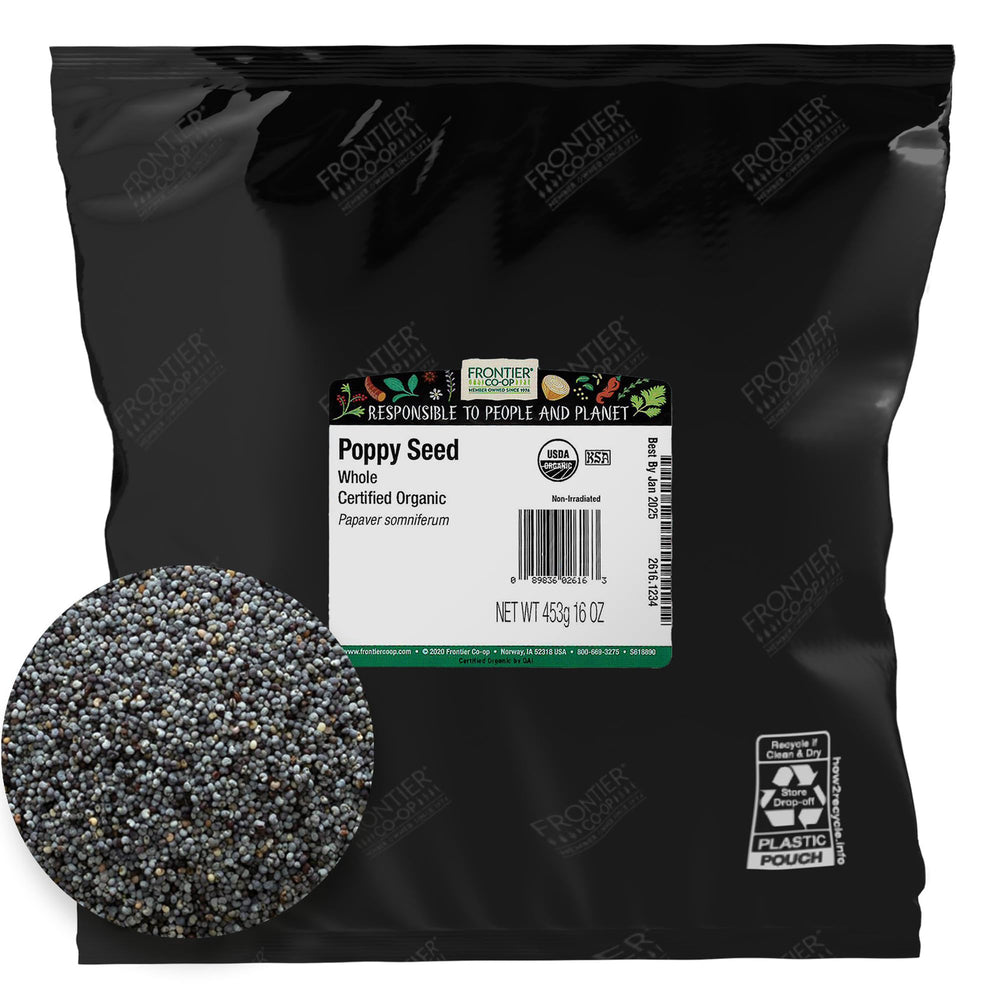 Frontier Co-op Organic Poppy Seeds show uniform blue-black color for even baking and texture.