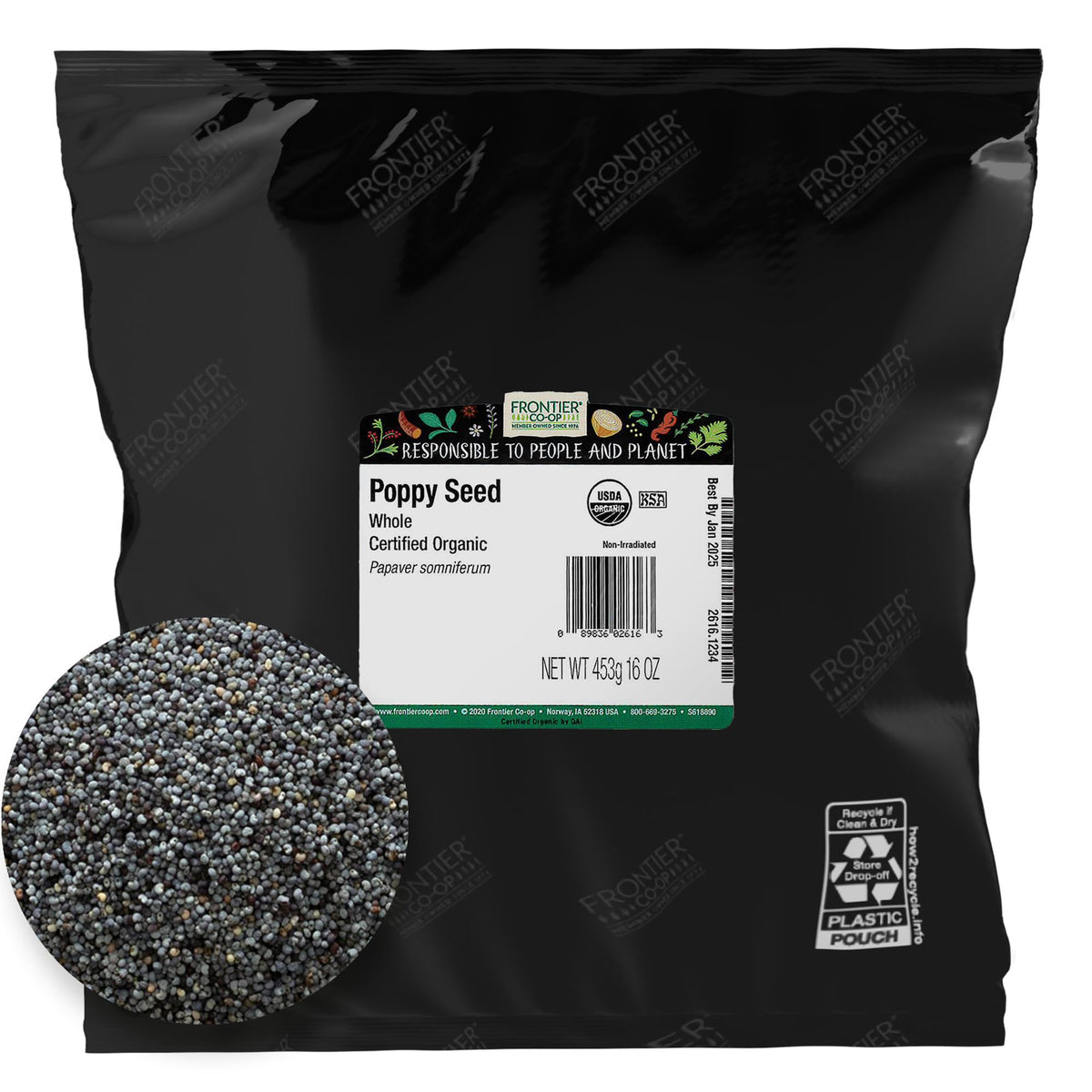 Frontier Co-op Organic Poppy Seeds show uniform blue-black color for even baking and texture.