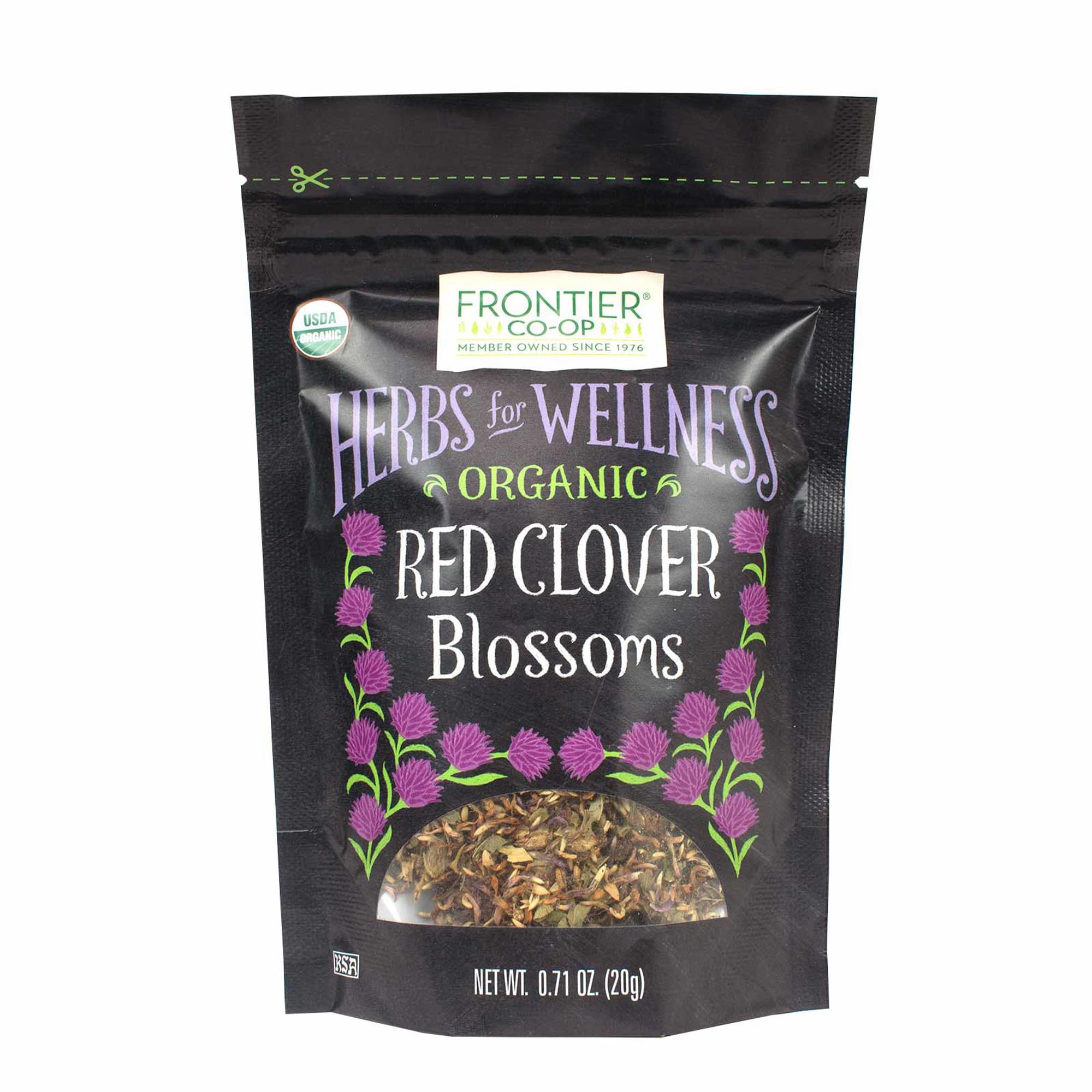 Frontier Co-op Organic Red Clover Blossoms in sealed bag for freshness and aroma.