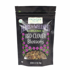 Frontier Co-op Organic Red Clover Blossoms in sealed bag for freshness and aroma.