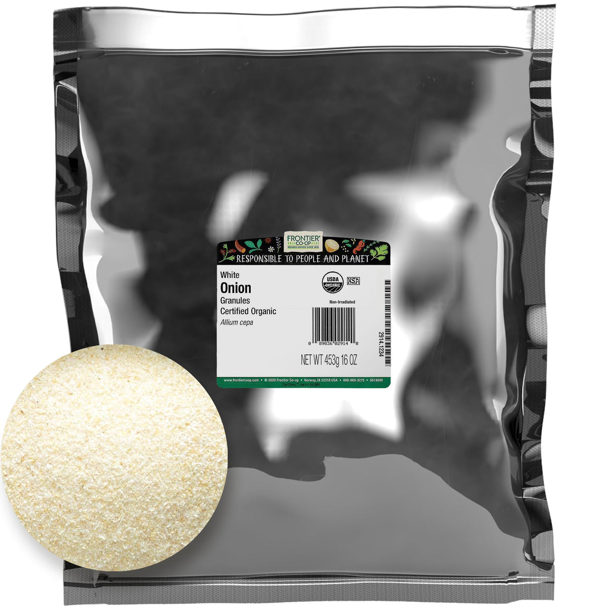 Frontier Co-op Organic White Onion Granules bag front for quick flavor in cooking.