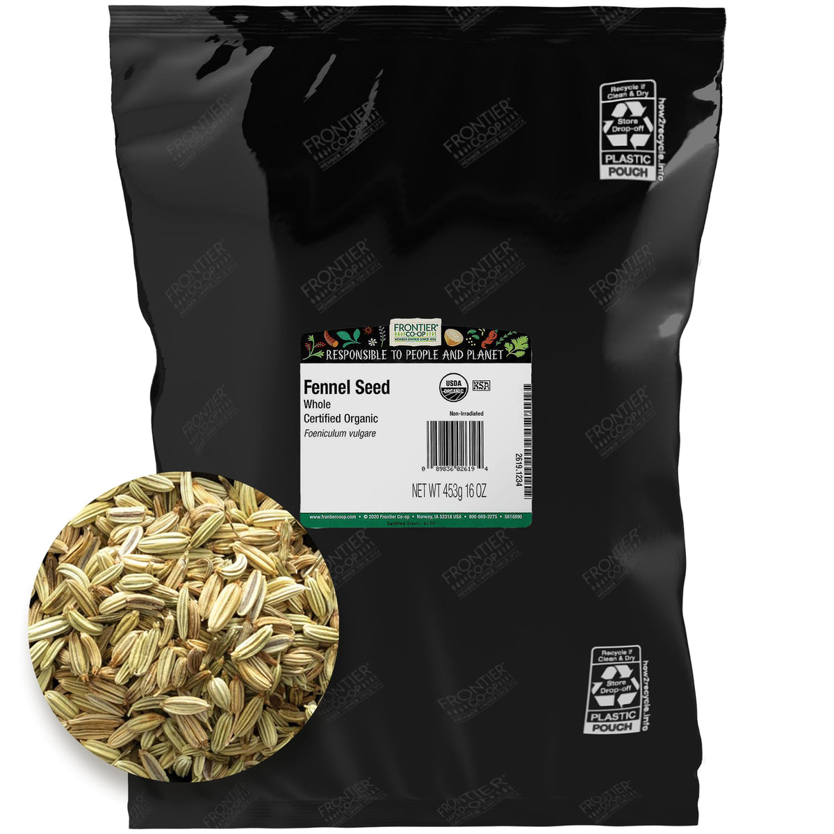 Frontier Co-op organic fennel seeds in a 1lb bulk bag for versatile seasoning and aroma