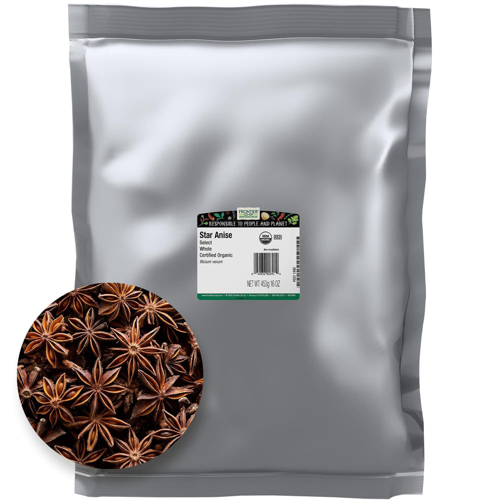 Frontier Co-op Organic Whole Star Anise pods ready for Pho broth and spice blends.