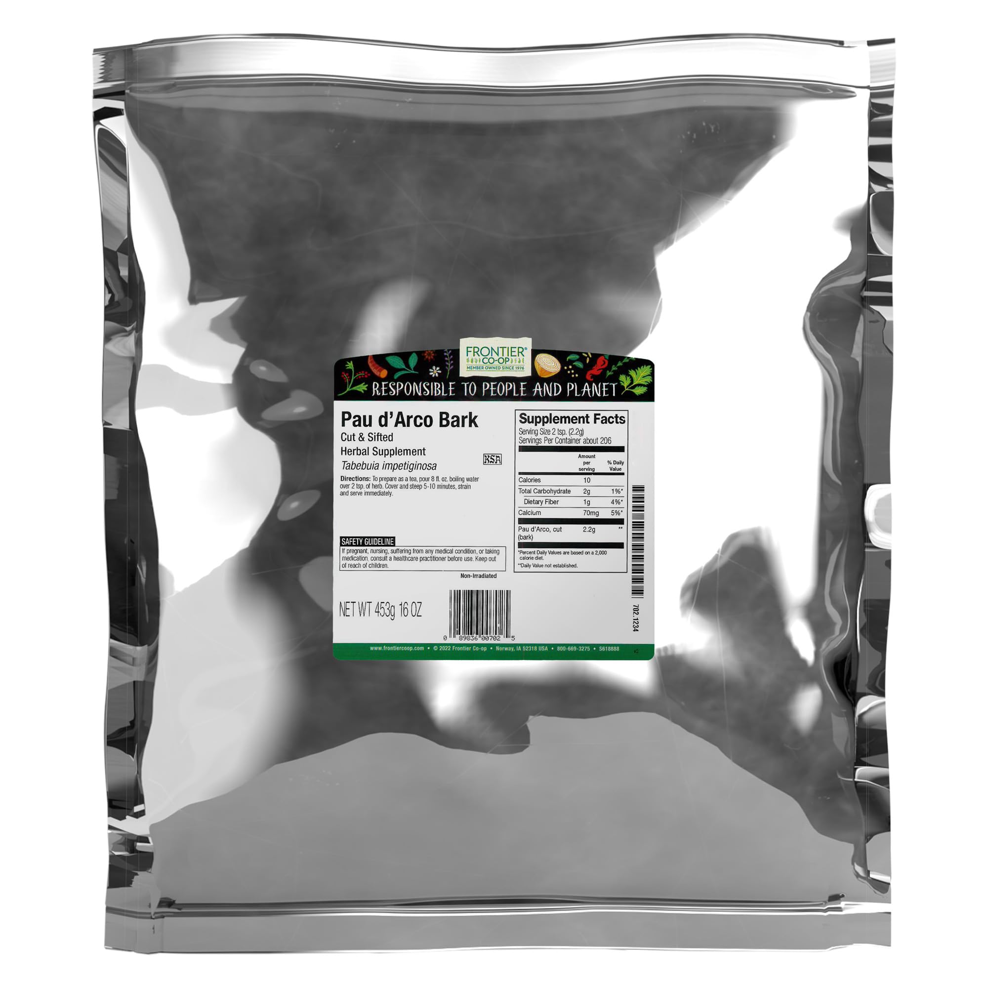 Frontier Co-op Pau d'Arco bark bulk bag displaying natural cut and sifted pieces for tea blends.