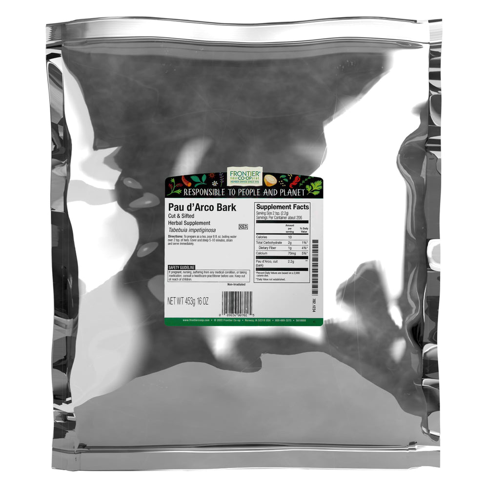 Frontier Co-op Pau d'Arco bark bulk bag displaying natural cut and sifted pieces for tea blends.