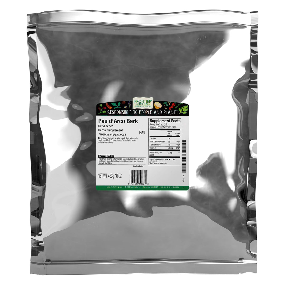 Frontier Co-op Pau d'Arco bark bulk bag displaying natural cut and sifted pieces for tea blends.