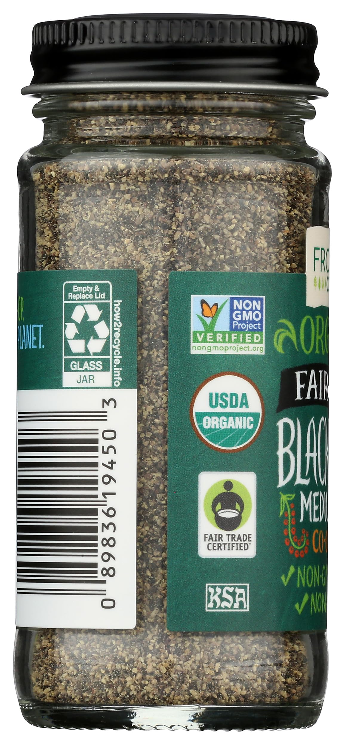 Close-up of Frontier Co-op certifications: Organic, Non-GMO, Fair Trade.