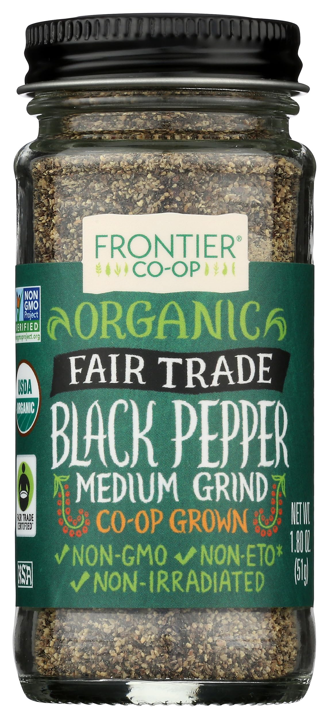 Frontier Co-op organic black pepper in a jar with medium grind, ideal for everyday seasoning.
