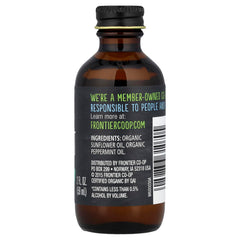 Frontier Co-op Peppermint Flavor bottle closeup highlights crisp peppermint scent for drinks