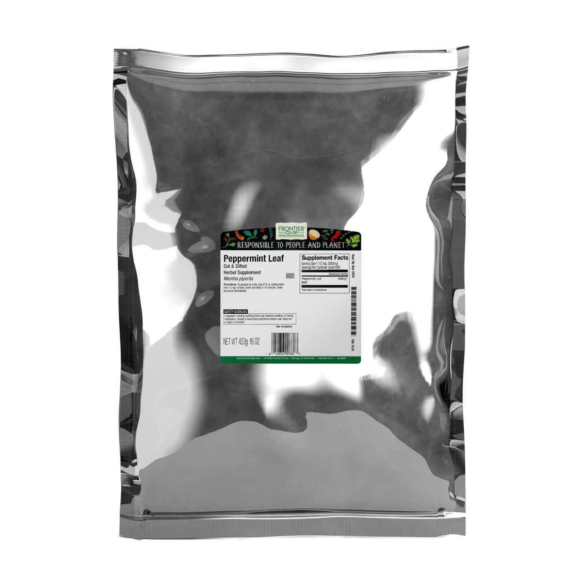 Frontier Co-op peppermint leaf cut and sifted bulk for tea blends.