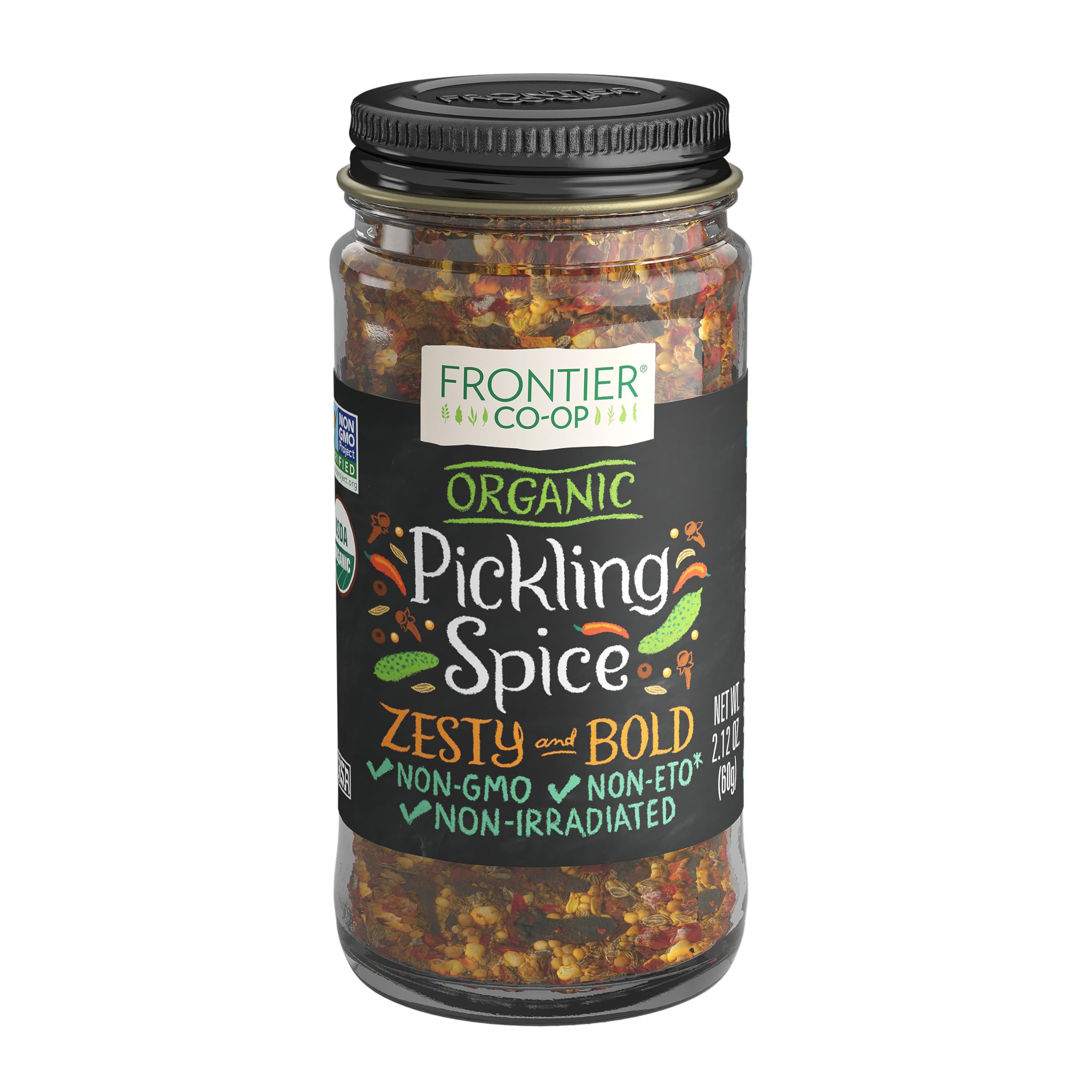 Frontier Co-op Pickling Spice bottle showing organic blend for traditional pickles