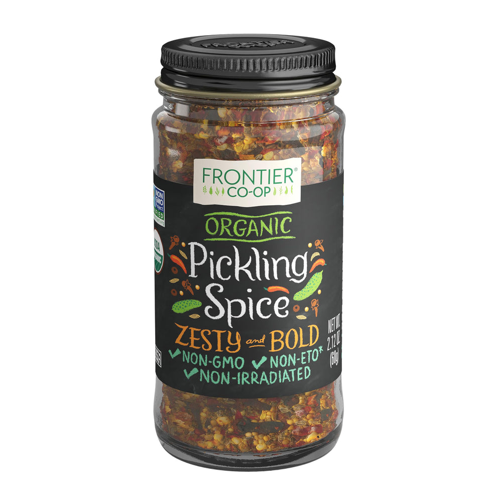 Frontier Co-op Pickling Spice bottle showing organic blend for traditional pickles